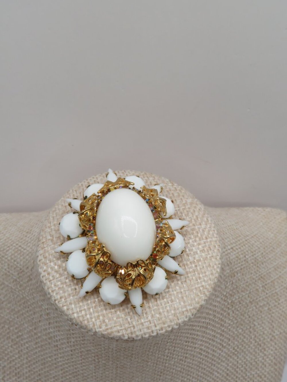 Vintage Milk Glass with AB and Gold Tone Filigree Accent Brooch